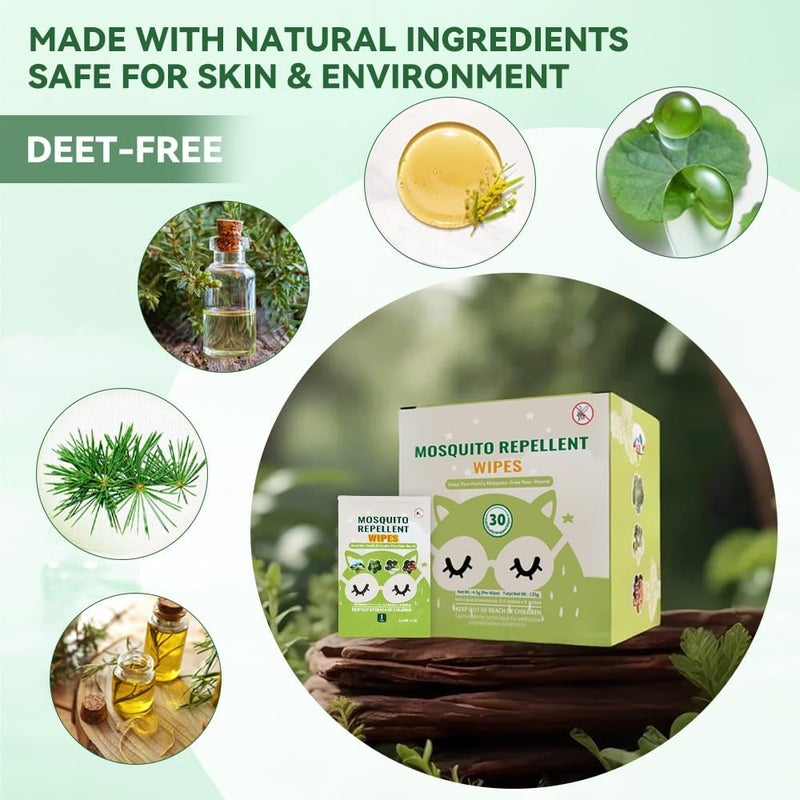 FLODTEEK 30 PCS Mosquito Repellent Wipes, Individually Wrapped Insect Repellent Wipes Made of Natural Plant-Based Essential Oils, Safe & Effective Insect Protection Perfect for Outdoor Activities, Long-Lasting - Image 2